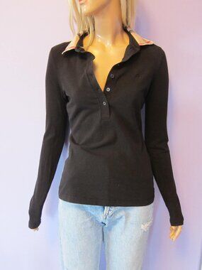 BURBERRY LONDON Black Nova Check Collar 6 Button Polo Long Sleeve Shirt